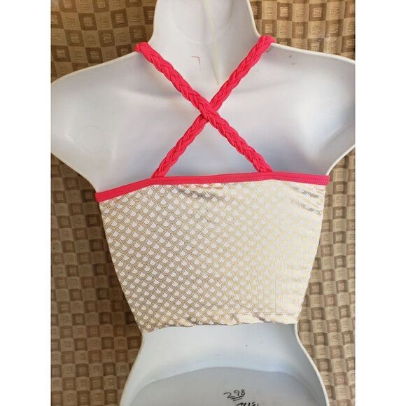 Girls Tankini Criss Cross Halter Ruffle Pink Gold Scallops Swim Top Large NWT - Picture 3 of 9